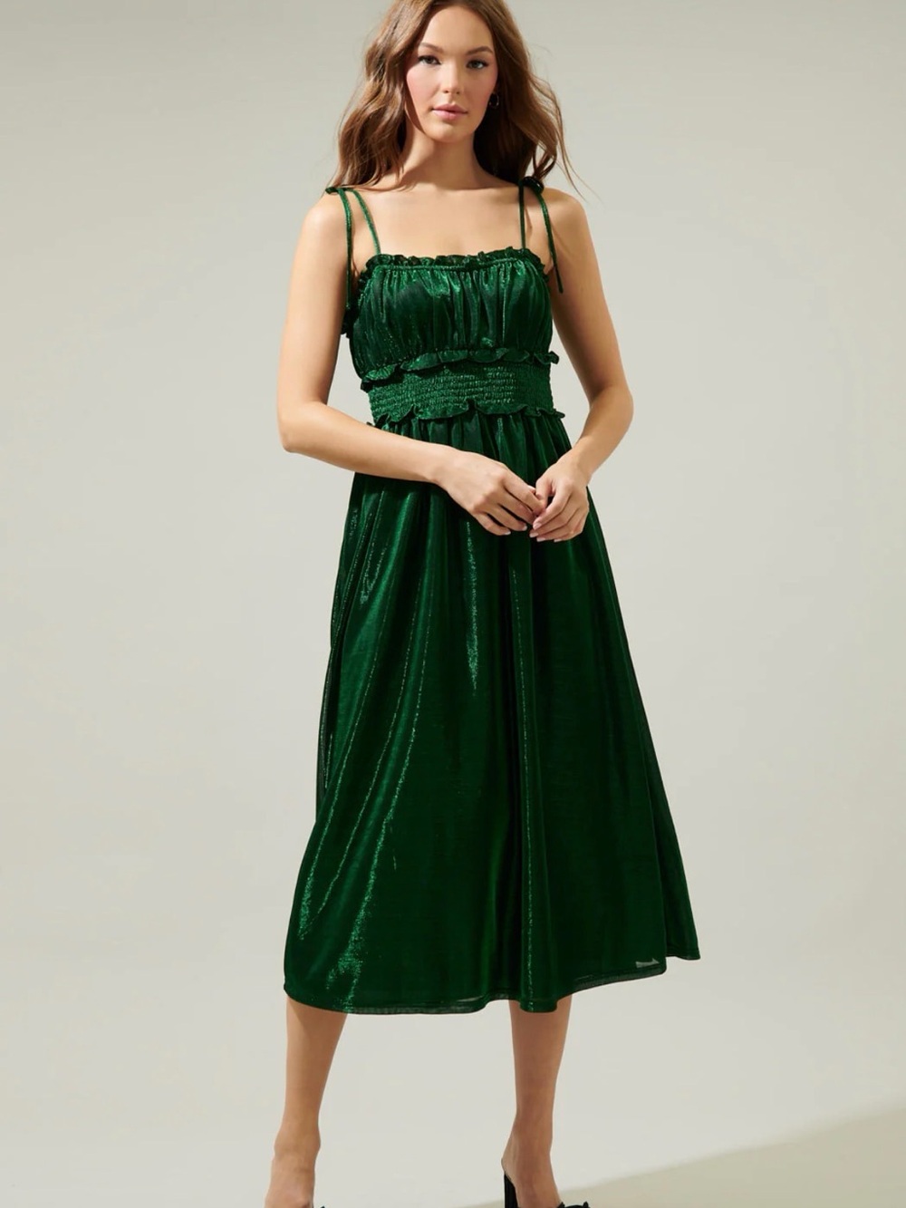 BRAND NEW -Sugarlips Shimmering Emerald Green Midi Dress with Smocked Waist